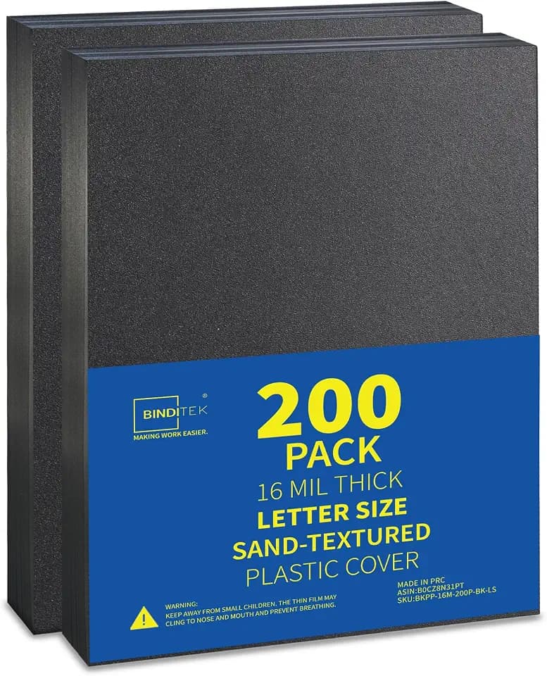 Binditek 16 Mil Sand-Textured Binding Covers, Letter Size, Black, 200 Pack