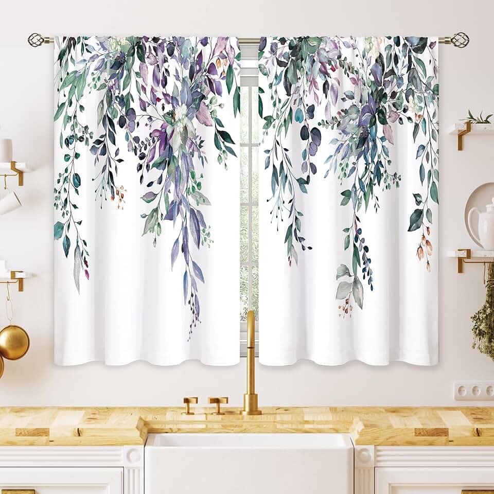 Blue Purple Eucalyptus Botanical Leaves Floral Window Curtains Farmhouse Rustic Flower Plant Wildflower Farmhouse Curtain Drapes Herb Curtains for Bedroom Living Room Treatment 42Wx45H Inch