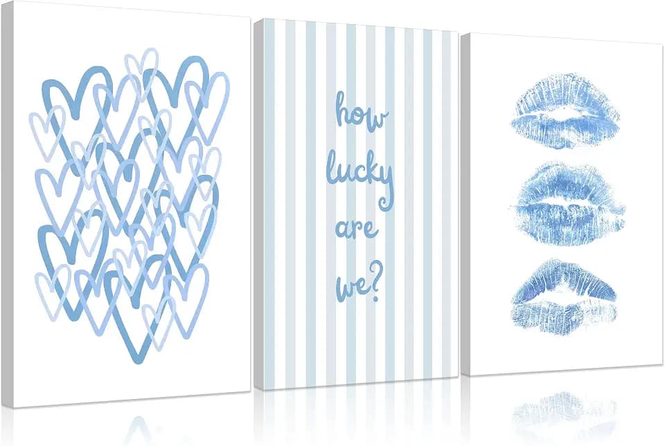 3Pcs Trendy Blue Canvas Wall Art Light Blue Preppy Wall Decor How Lucky Are We Pictures Funky Kiss Lips Artwork Coquette Aesthetic Poster Prints for Girl Bedroom Living Room Bar Dorm 16x24in