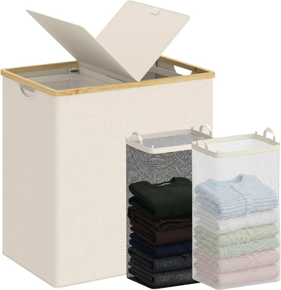 efluky Double Laundry Hamper with Lid and 2 Removable Bags, Beige