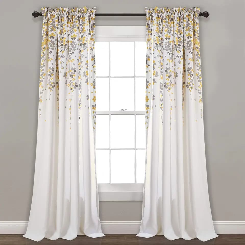 Lush Decor Weeping Flower Light Filtering Window Curtain Panels, Pair, 52"W x 84"L + 2" Header, Yellow & Gray - Charming Modern Floral Curtains for Living Room, Dining Room, & Bedroom