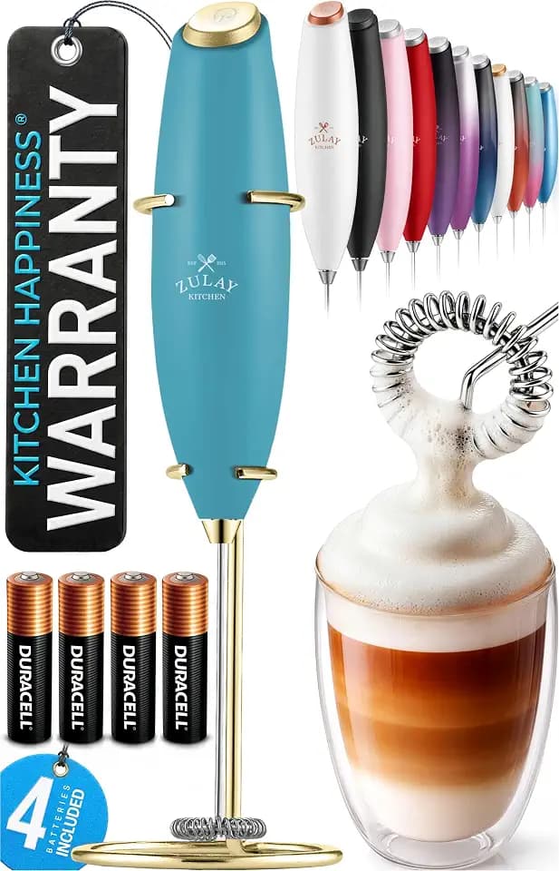 Zulay Kitchen Powerful Milk Frother Wand With Duracell Batteries - Ultra Fast Handheld Drink Mixer - Electric Whisk Foam Maker for Coffee, Lattes, Cappuccino & Matcha - Z1 Motor - Lake Gold