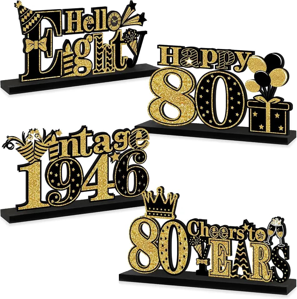 Turypaty 4 Pieces 80th Birthday Decorations Wooden Vintage 1946 Table Party Supplies, Black Gold Cheers to 80 Years Table Centerpieces Sign, Happy 80th Anniversary Bday Hello Eighty Table Decor