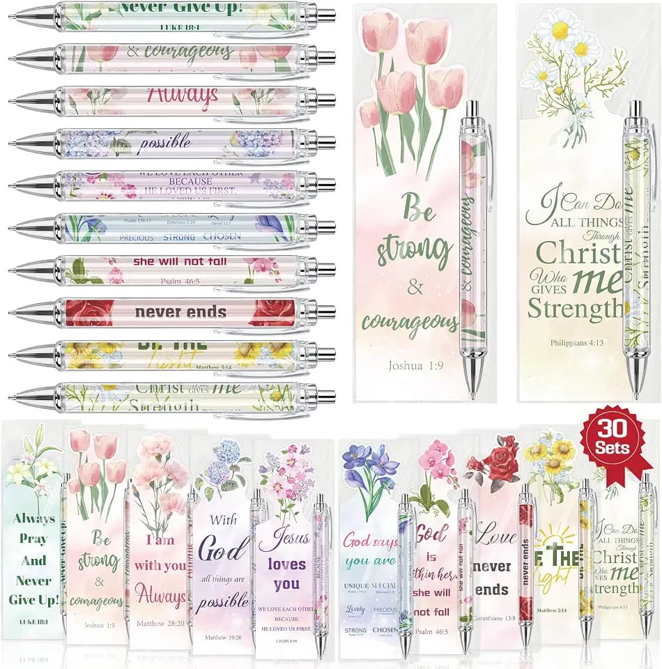 30 Sets Christian Bible Verse Pens Gifts Bulk with Bookmarks Inspirational Scripture Pens Religious Ballpoint Pen with Black Ink Floral Design for Prayers Women Church Gifts (Floral)