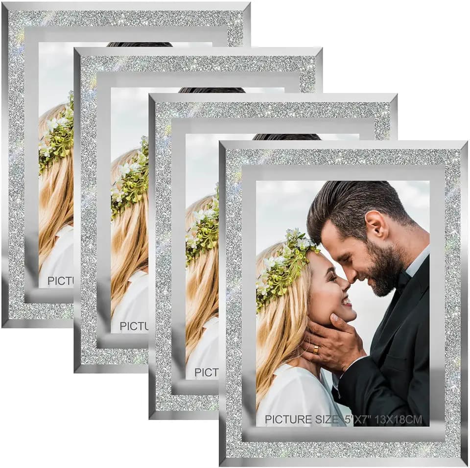 HIKWADERY 5x7 Picture Frames Silver - Set of 4, Sparkle Real Glass 5 by 7 Photo Frame Mirrored Edge Great Gift, for Tabletop Display, Wedding Birthday Mothers Day Gifts (5 x 7, Glitter Silver)