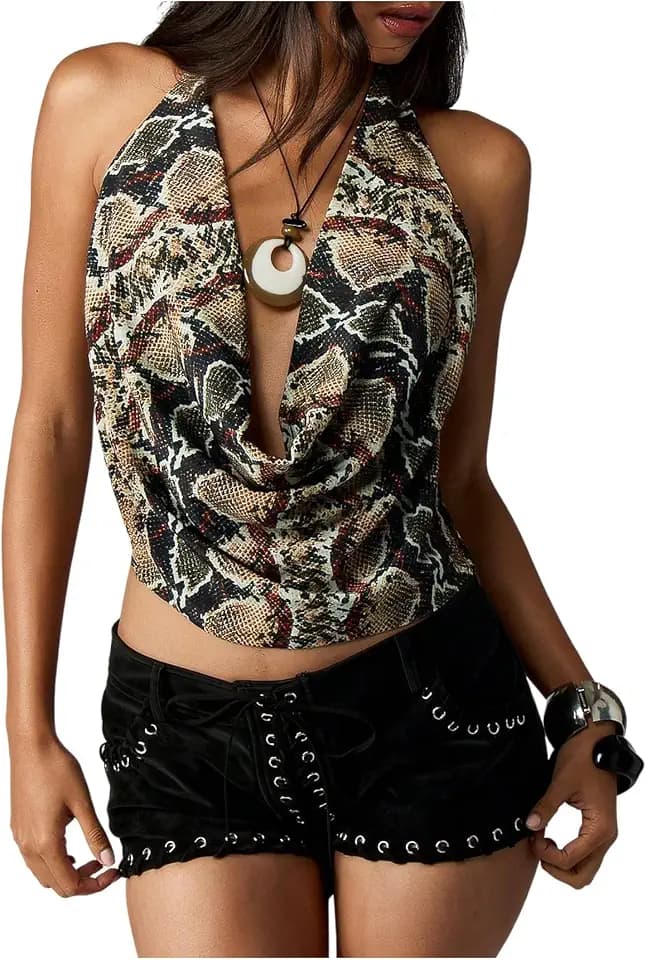 MakeMeChic Women's Halter Top Snakeskin Print Draped Tie Open Back Sleeveless Y2K Crop Tops