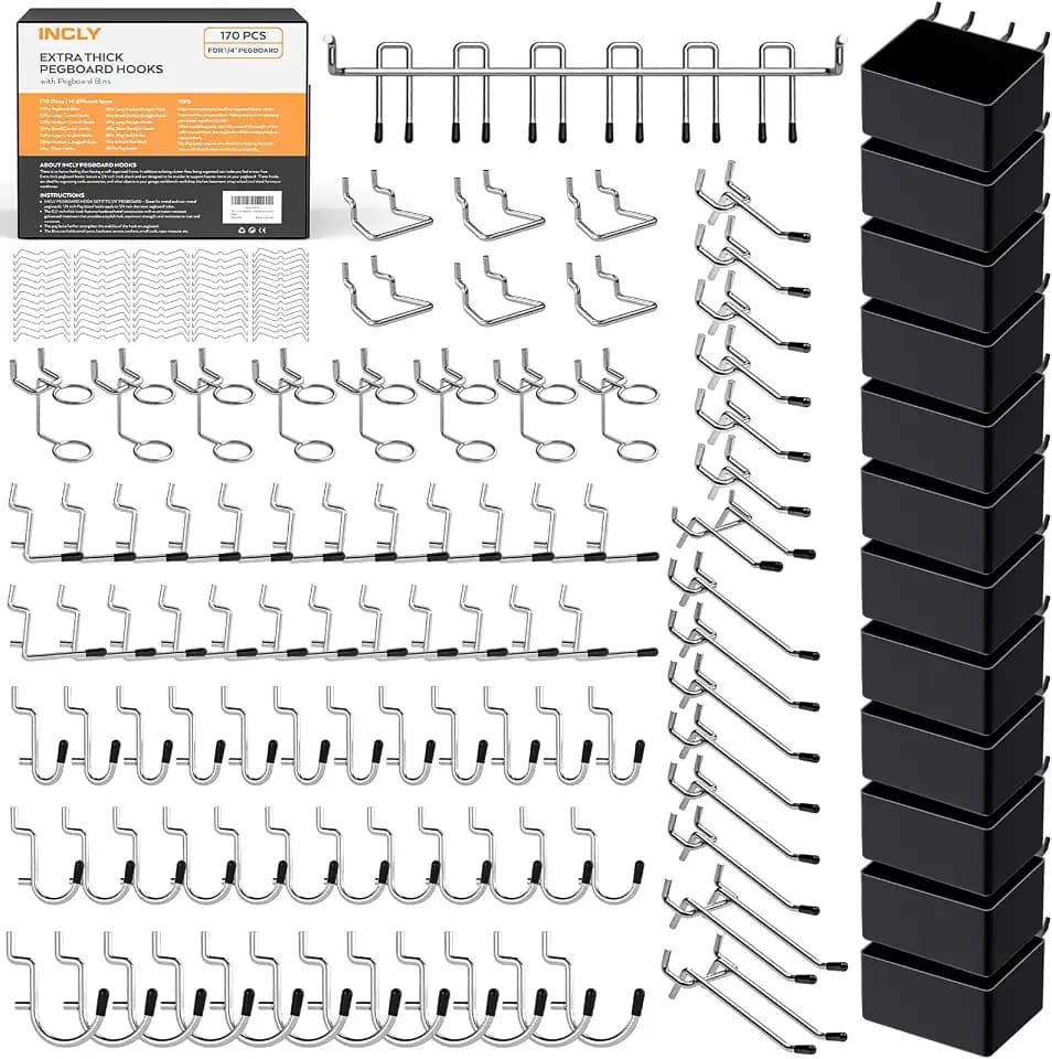 INCLY 170PCS 1/4 Inch Pegboard Hooks Kit with Bins & Peg Locks