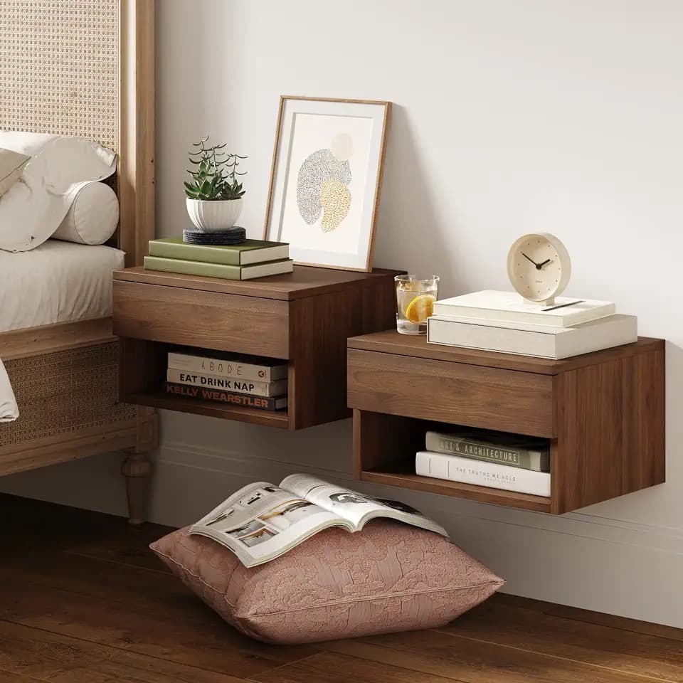 Nathan James Jackson Wall Mounted Floating Bedroom Nightstand with Storage Drawer and Modern Open Shelf Cubby Set of 2, Walnut