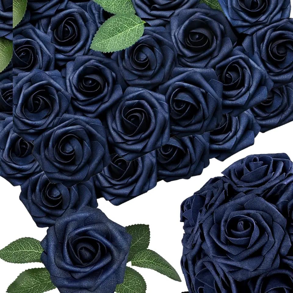 50pcs Navy Blue Artificial Flowers Decorations, Real Touch Foam Fake Rose with Stems 12 Leaves Real Looking Faux Roses for Wedding Bouquets Bridal Shower Centerpieces Arrangements Party Tables DIY