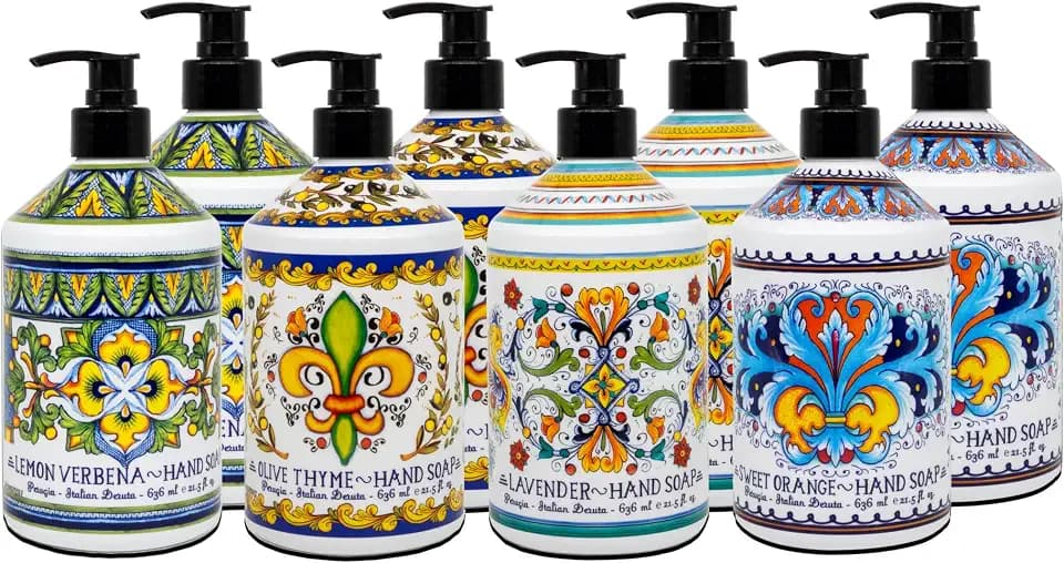 Perugia Italian Deruta Hand Soap - 21.5 fl oz Bottles - 8 pack - Lavendar, Sweet Orange, Lemon Verbana, and Olive Thyme