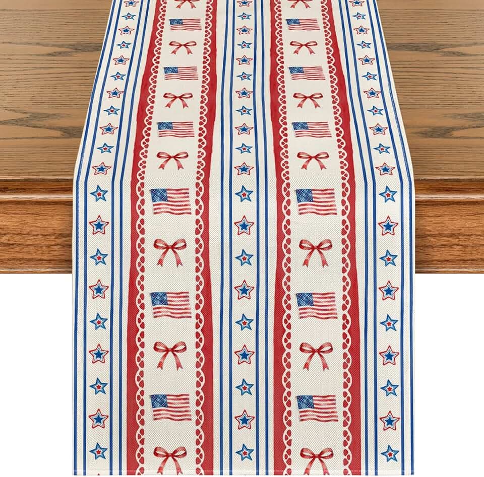 Artoid Mode Star Striped Bow American Flag 210 GSM 4th of July Table Runner, Memorial Day Kitchen Dining Table Decoration for Home Party Decor 13x72 Inch