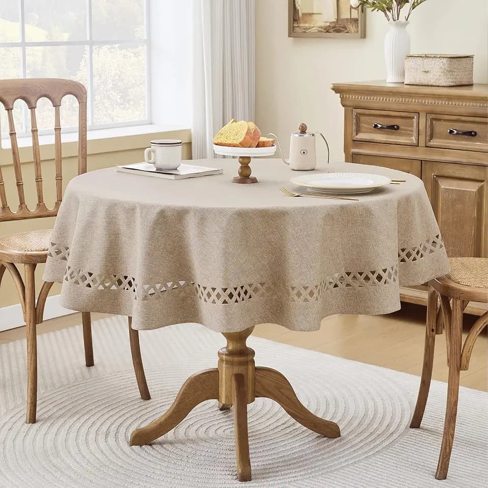 Coffee Round Linen Tablecloth with Lattice Cutwork, 55 inch Round