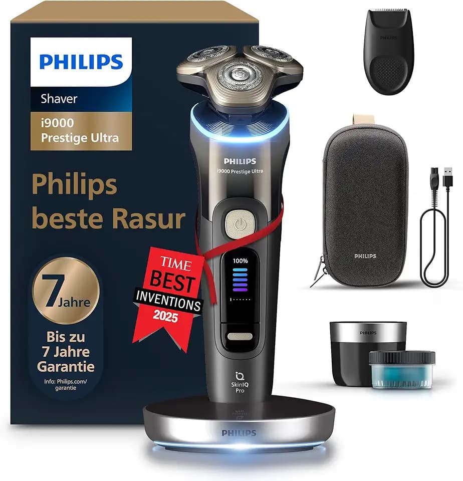 Philips elektrischer Rasierer i9000 Prestige Ultra für Herren, Nass- und Trockenrasur, schwarz, Druck- und Bewegungssensor, Trimmeraufsatz, Reinigungsstation, Ladestation und Reiseetui (XP9405/31)