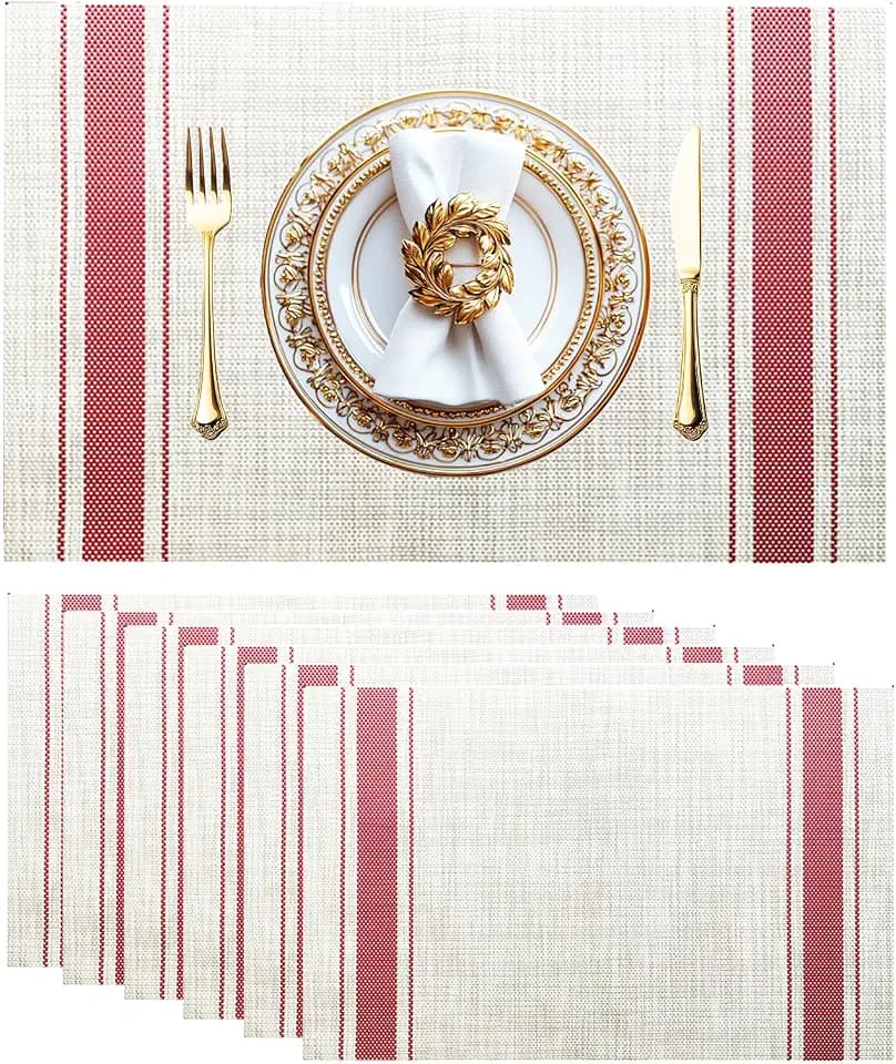 Placemats Set of 6 Vinyl Washable Placemats, 18"x12" Wipeable Heat-Resistant Non-Slip Easy Clean Table Mats Ideal for Dining Table Table Runner and Outdoor (6, Red Wide Stripe)