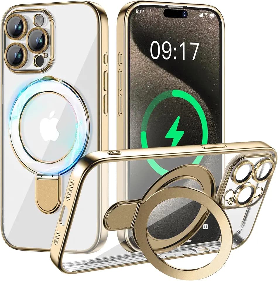 Reukdnv Clear iPhone 15 Pro Max Case with Magnetic Stand, Fit for MagSafe, Mil-Grade Drop Protection, luxury Polished Frame with Clear Back, Grip & Stunning Phone Case for iPhone 15 Pro Max 6.7'' Soft