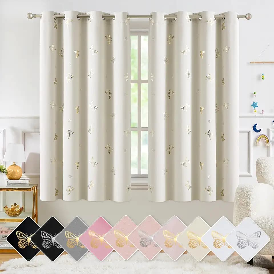 Jubilantex Gold Butterfly Ivory Blackout Curtains W52xL54 Grommet, 2 Panels