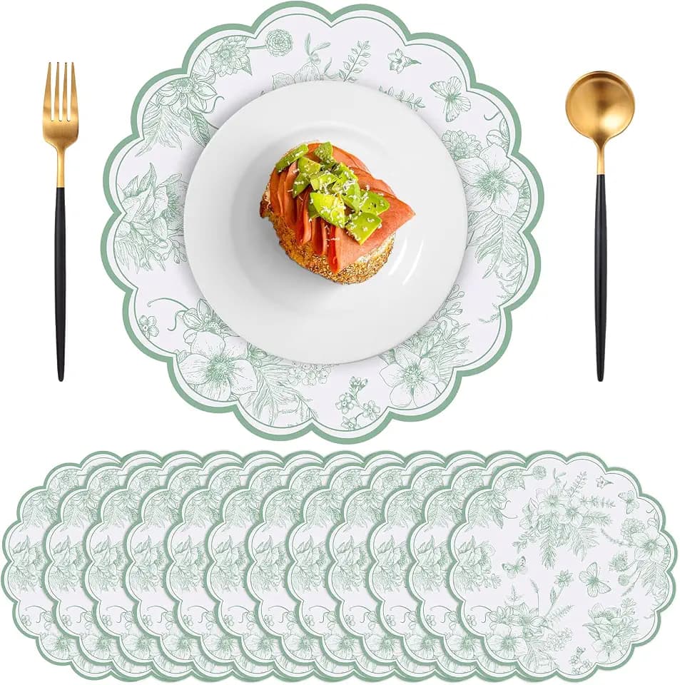 60 Pcs Sage Green Floral Paper Placemat, Disposable Scalloped Table Mat