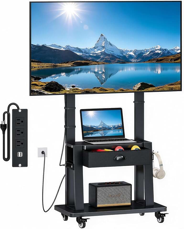Rolling TV Stand with Power Outlet,TV Cart with Fabric Drawer for 23-75 inch Flat/Curved Screen Up to 120lbs,Adjustable Height Mobile TV Stand with Wheels,for Indoor Outdoor,Max VESA 600x400mm