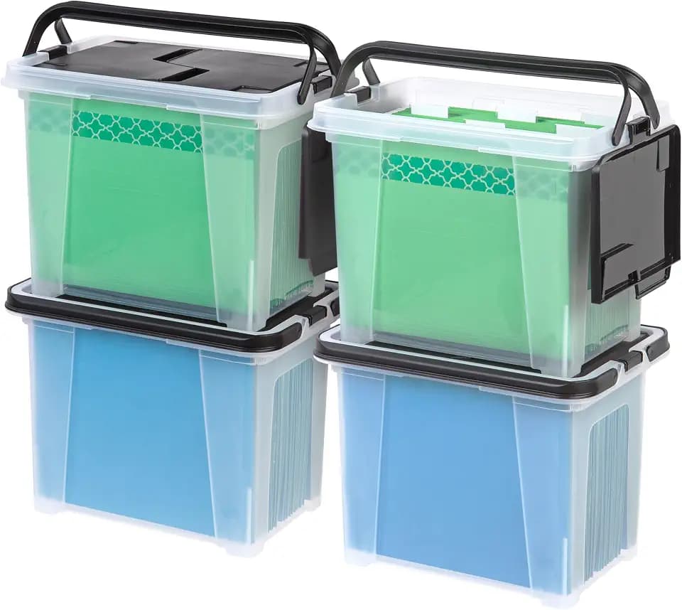 IRIS USA 4-Pack File Box Organizer with Wing Lid Letter/Legal 18 Qt, Clear