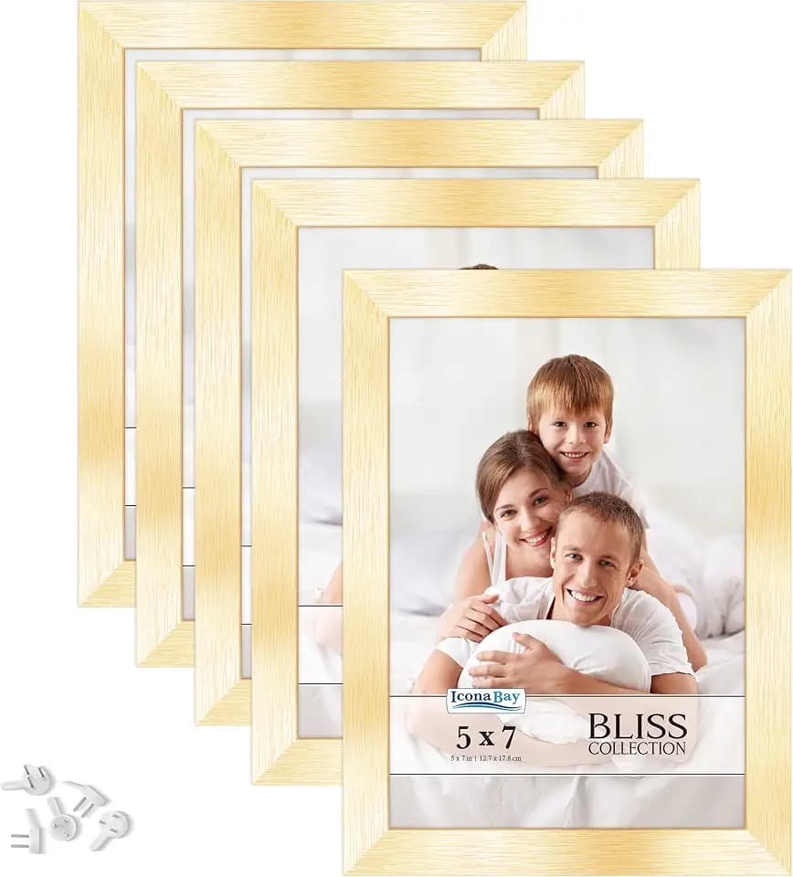 Icona Bay 5x7 Picture Frames, Gold, 5 Pack, Modern Engineered Wood, Bliss