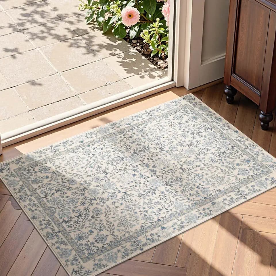 jinchan 2x3 Washable Entryway Area Rug, Floral Non-Slip, Blue/Cream