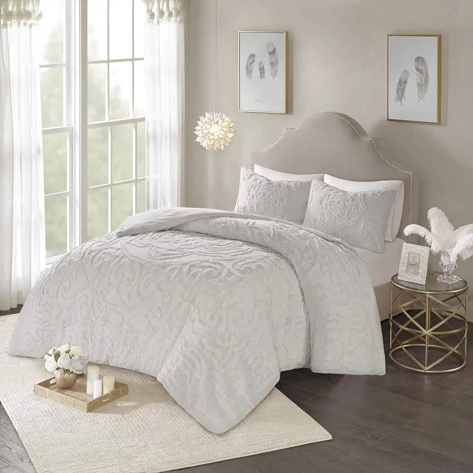 Madison Park Cotton Chenille Tufted Grey King Duvet Cover Set, 3pc