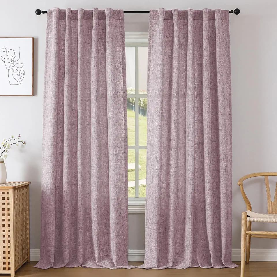 Joydeco Pink Linen Curtains 84 Inch Length,Light Filtering Privacy Sheer Curtains for Living Room and Bedroom,Modern & Farmhouse Style,Back Tab and Rod Pocket,52 x 84 Inches,2 Panels