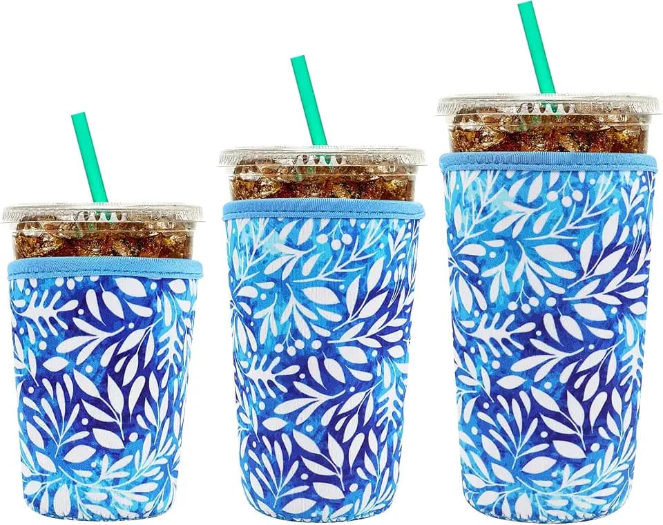 YR Reusable Neoprene Insulator Sleeve for Iced Coffee Cups, 3 Pack Coffee Coolies sleeves for Iced & Hot Drinks, Cold Beverage Cooler Compatible with Cold Soda and More (Blue Leaves)