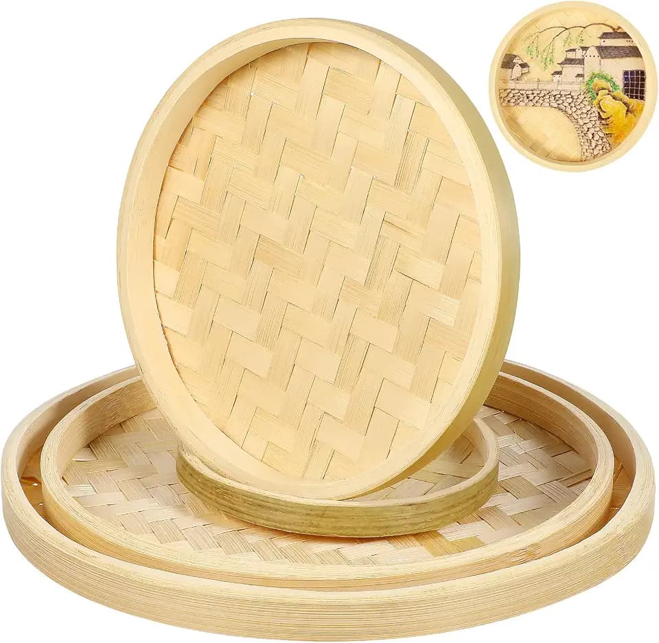 4 Pcs Bamboo Basket Tray - Bamboo Woven Tray, Basket Woven, Fruit and Vegetable Storage Flat Baskets for Wall Decor Baskets for Food