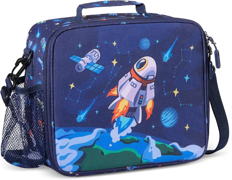 rockpapa Kids Lunch Bag for Kids with Strap, Waterproof, Stain & Oil-Resistant, Insulated LunchBag, Reusable Lunch Tote Bag Holds Lunch Box, Water Bottle & Snacks for School (Blue Rocket)