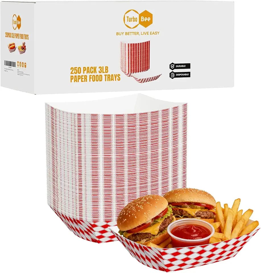 250 Pack 3lb Red White Checkered Paper Food Trays 3lb, 250 Pack Large - Heavy Duty Grease Resistant for Large Nachos, BBQ Ribs, Family Fries - Party, Sports, Carnival Trays
