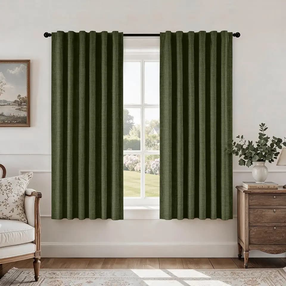 HOMEIDEAS 100% Blackout Olive Green Faux Linen Curtains 63''L 2 Panels