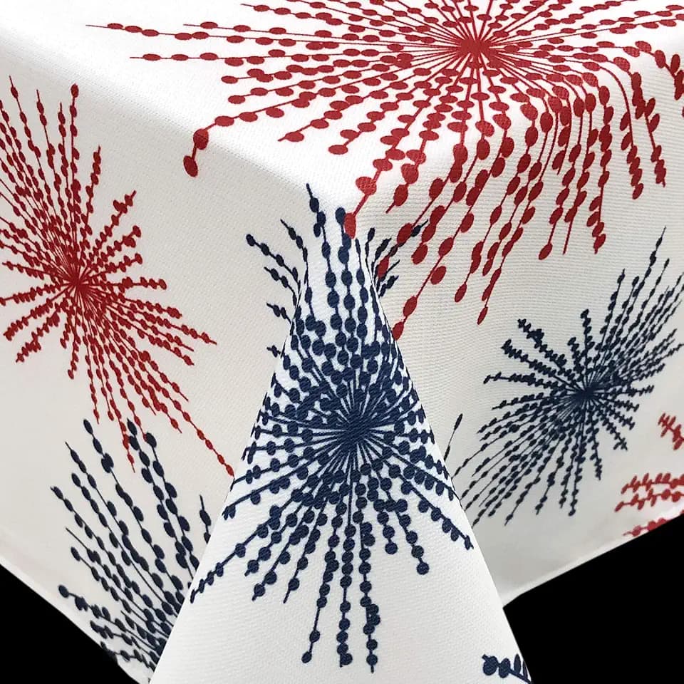 CAIT CHAPMAN HOME COLLECTION Red White Blue Celebration Fireworks Easy-Care Fabric Tablecloth (60"x84", White)