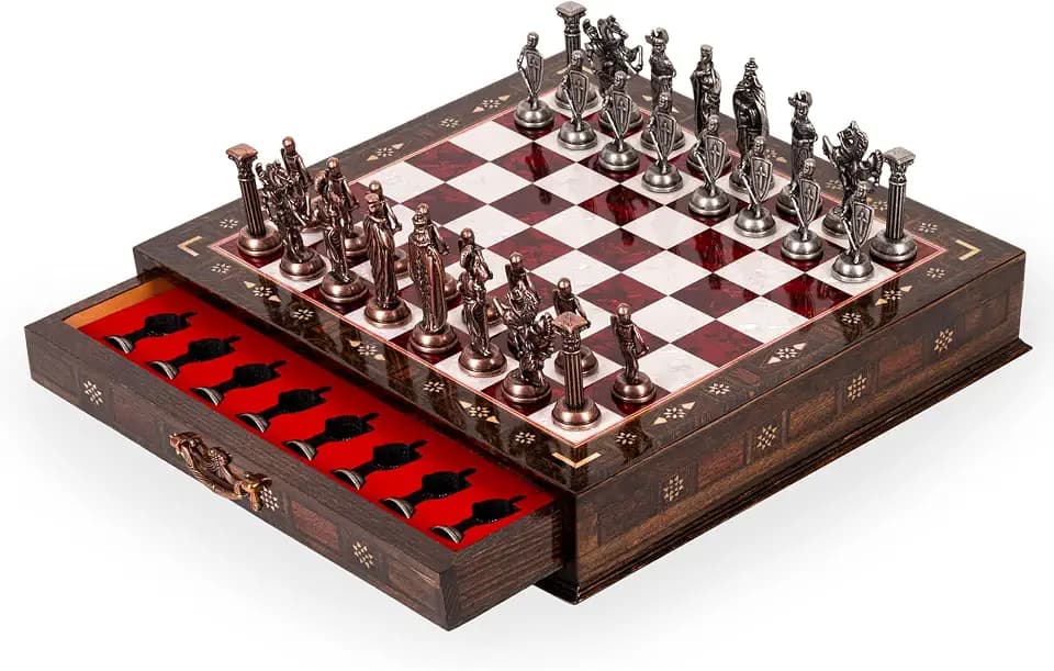 15-Inch Handmade Wooden Chess Set, Metal Pieces & Storage, Red