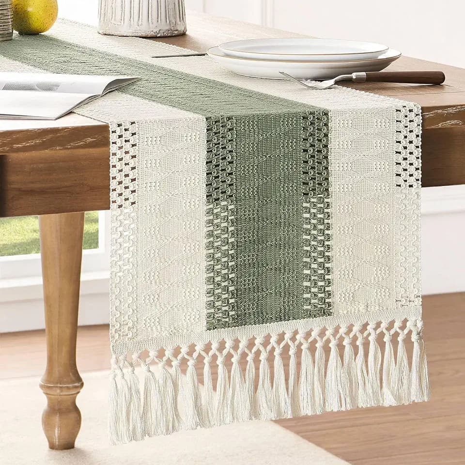 ZeeMart Macrame Style Bicolor Stitching Table Runner 14x72in Green
