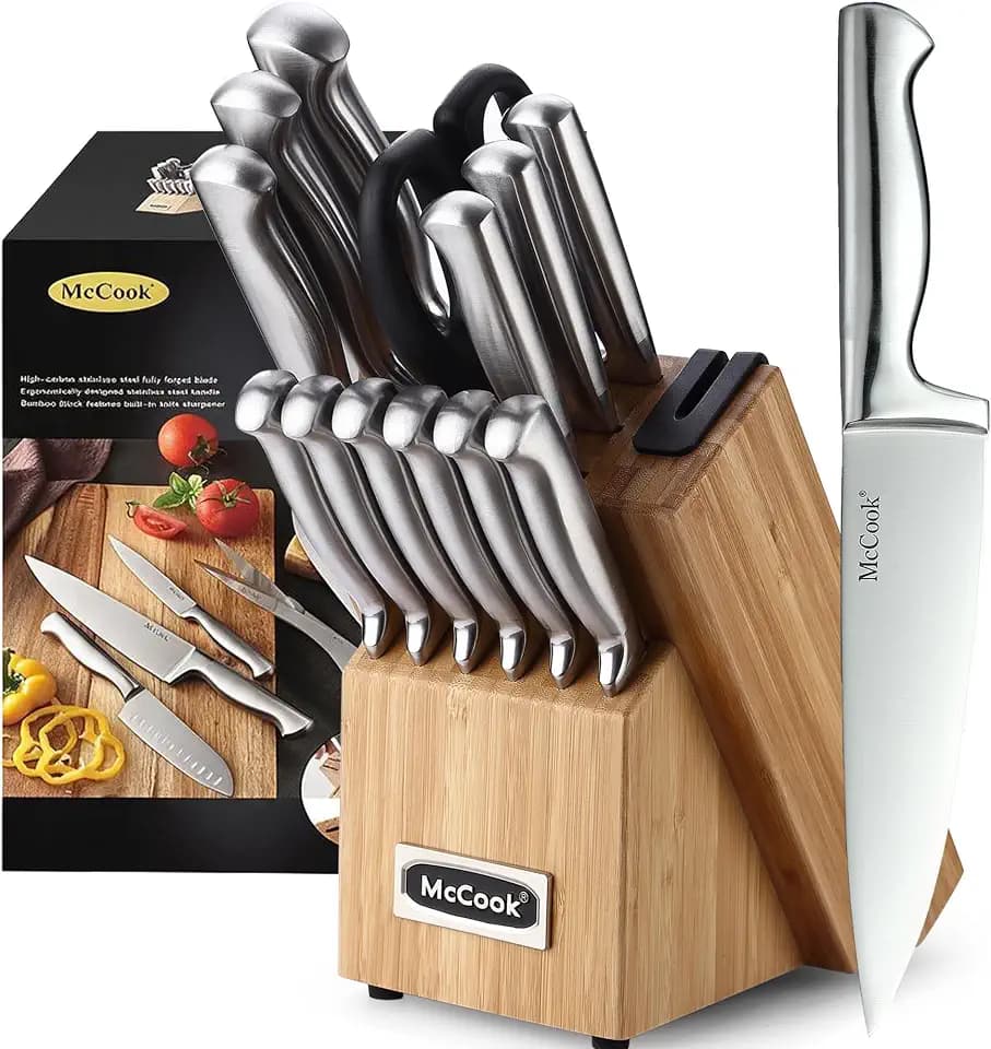 McCook Knife Set Kitchen Steel Knife Block Set w Built-in Sharpener