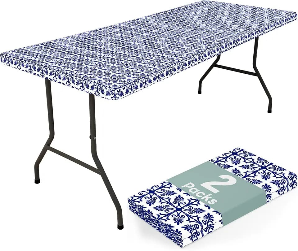 misaya 2 Pack 5 Foot Rectangle Picnic Tablecloth, Elastic Fitted Waterproof Table Cover, Windproof Washable Polyester Table Cloth for Camping, Indoor and Outdoor (Navy, 30" x 60")