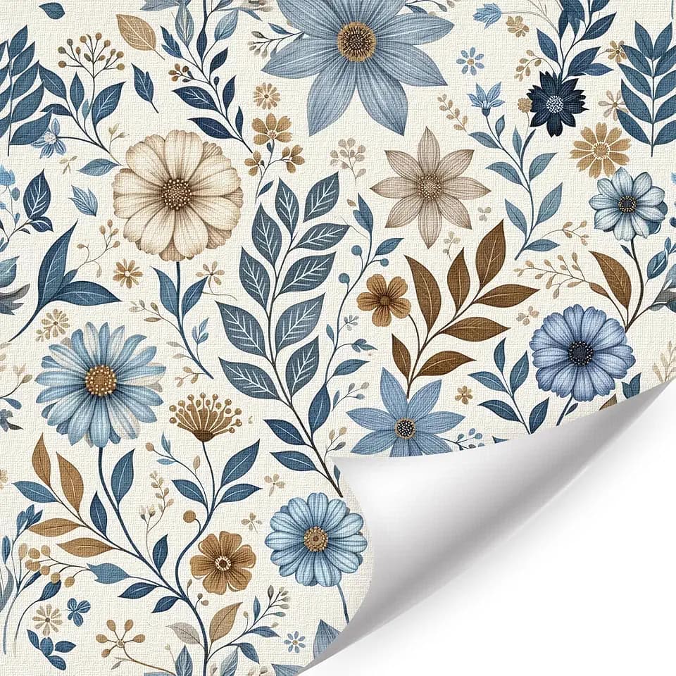 LHIUEM Blue Flower Wallpaper(17.3”X118”) Vintage Neutral Daisy Wall Paper Boho Botanical Floral Contact Paper Removable Self Adhesive Gold Bloom Flowers Wall Mural for Bedroom Living Room Cabinet