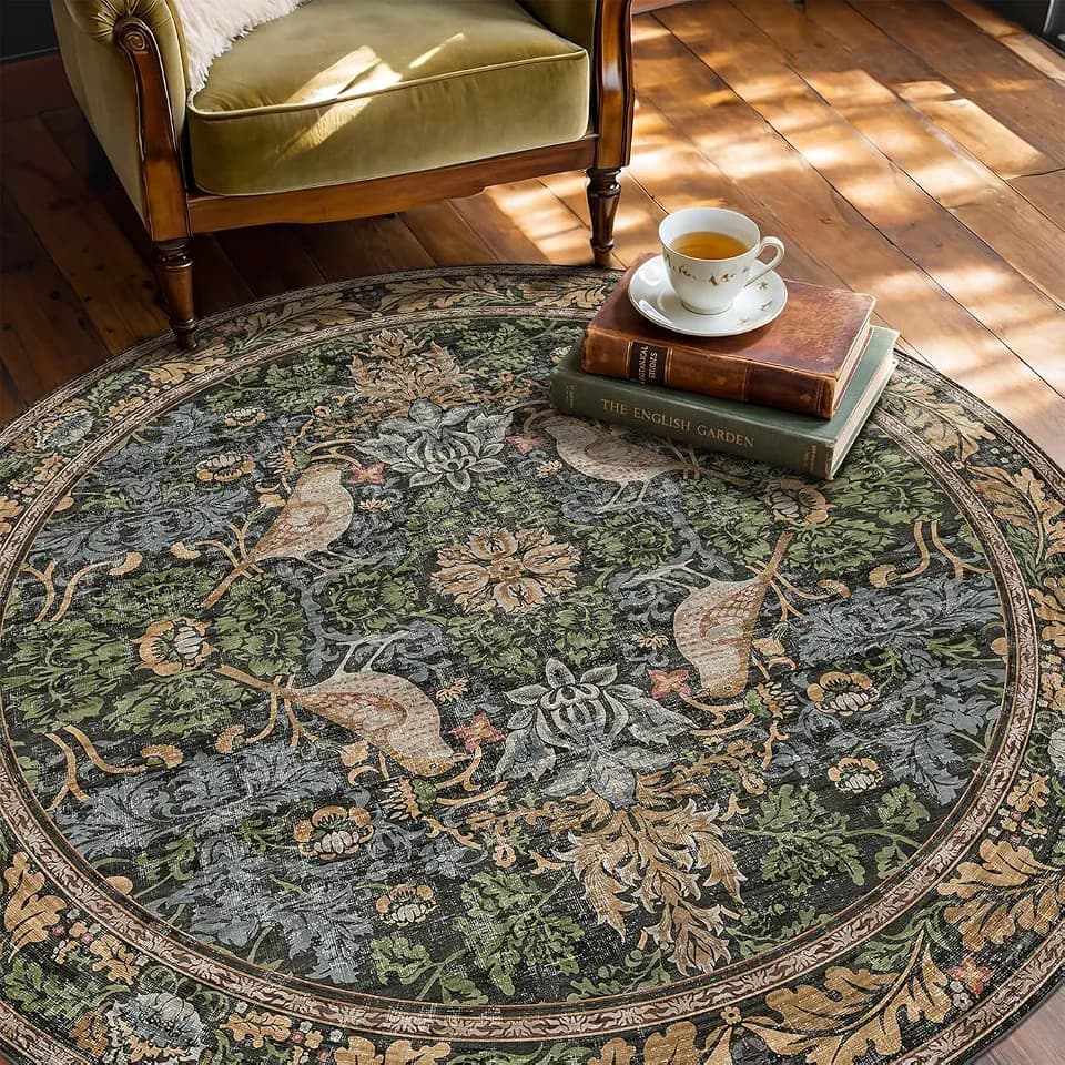 Hazo Haus Vintage 5ft Round Rug for Reading Corner, Bedroom, Farmhouse Dining Room, Soft Ultra-Thin Non-Slip Washable Rug, Forest Green Bird Floral Décor for Kitchen & Nursery