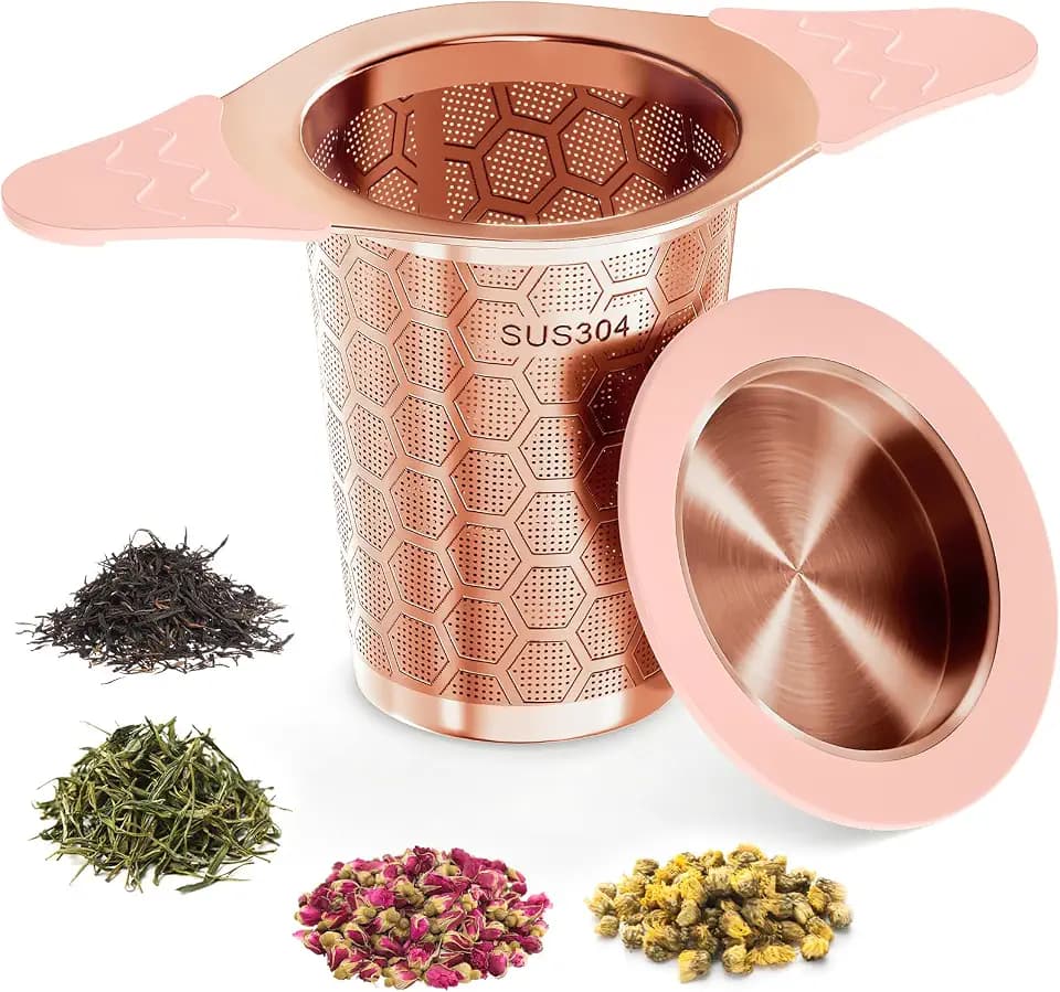 Tea Infuser for Loose Leaf Tea,Stainless Steel Tea Strainer with Silicone Handles,Extra Fine Mesh Tea Strainers for Loose Tea Filter Fine Tea Leaves Effectively,Fits TeaPots/Mugs (Rose gold)