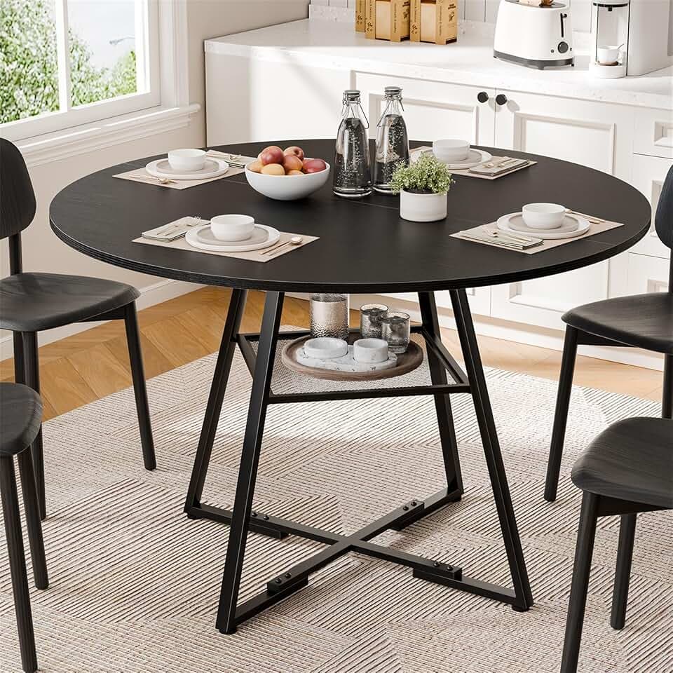 DUMOS 47" Round Dining Table for 4-6, Space Saving Kitchen Table with Dual-Tier Storage, Pedestal Metal Frame, Industrial Farmhouse Circle Dinner Tables for Apartment, Black
