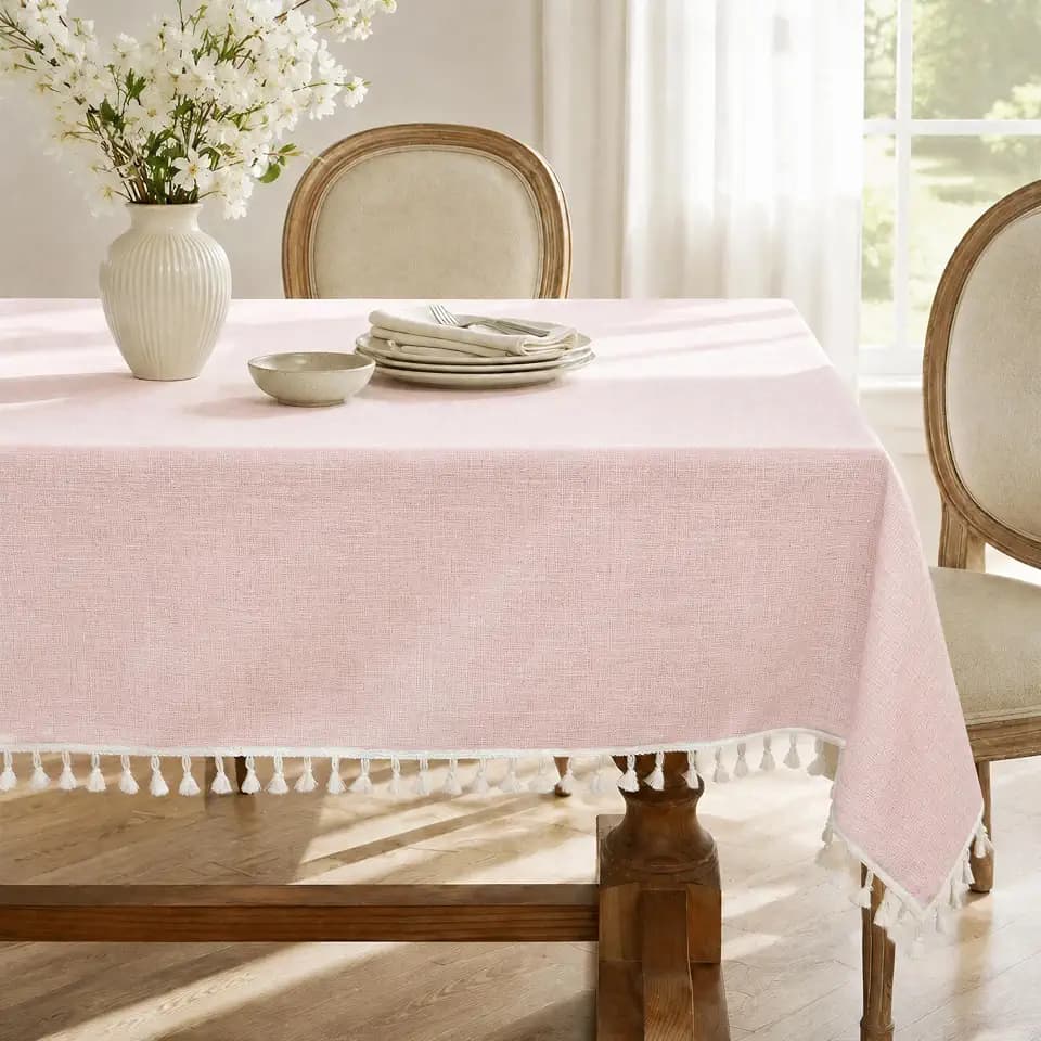 Laolitou Light Pink Rectangle Tablecloth with Tassels 55x75 Inch
