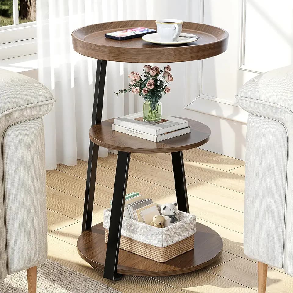 Round Side Table, 3-Tier Tray Top End Table with Storage Shelf, Ultra Stable Coffee End Table/Nightstand, Modern Farmhouse Couch Table for Living Room, Bedroom, Bedside Stand or Small Spaces, Walnut