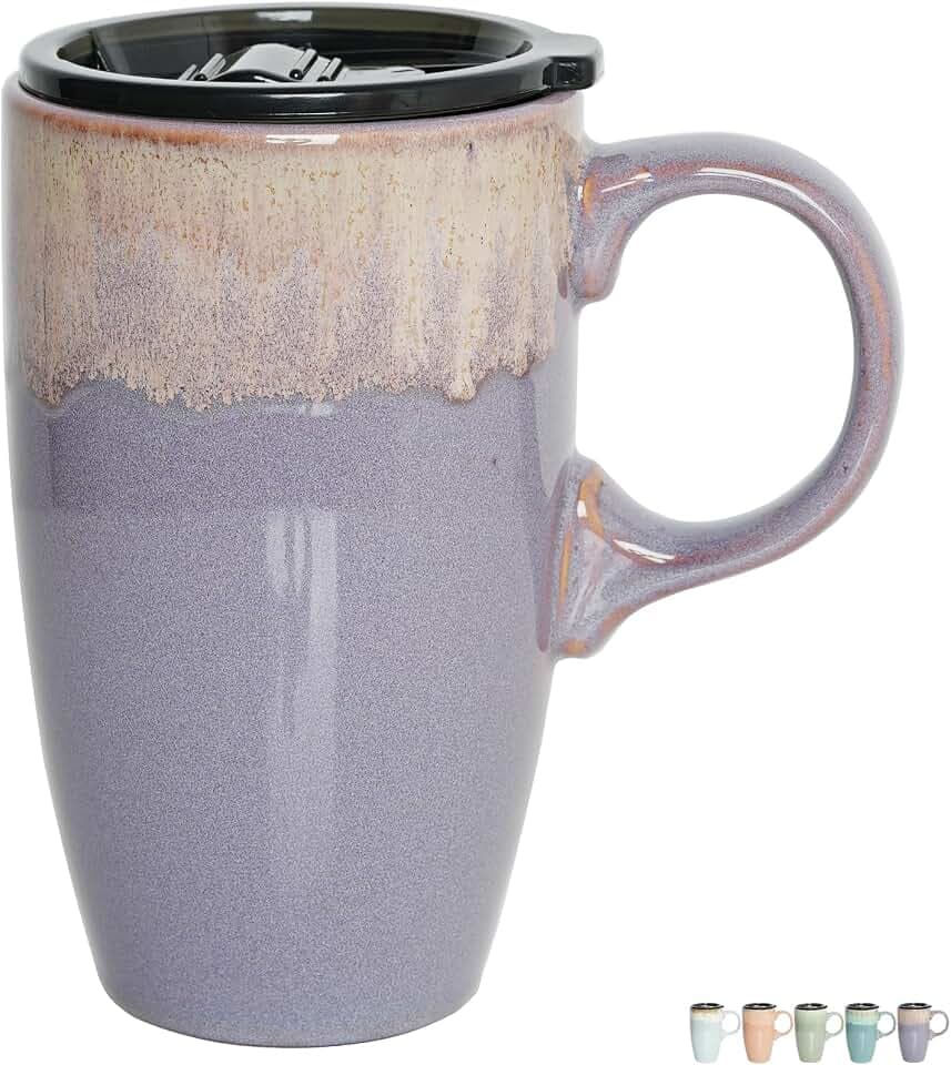 Bosmarlin Ceramic Travel Coffee Mug with Handle and Lid, 18 oz, Portable Coffee Cup for Car Cup Holder, Microwave and Dishwasher Safe, Reactive Glaze (Deep Purple)
