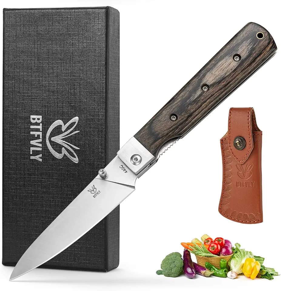 440C Steel Folding Chef Knife, 9in Overall Length, Sharp Small Tip, Wood Handle - Camping, Kitchen Use