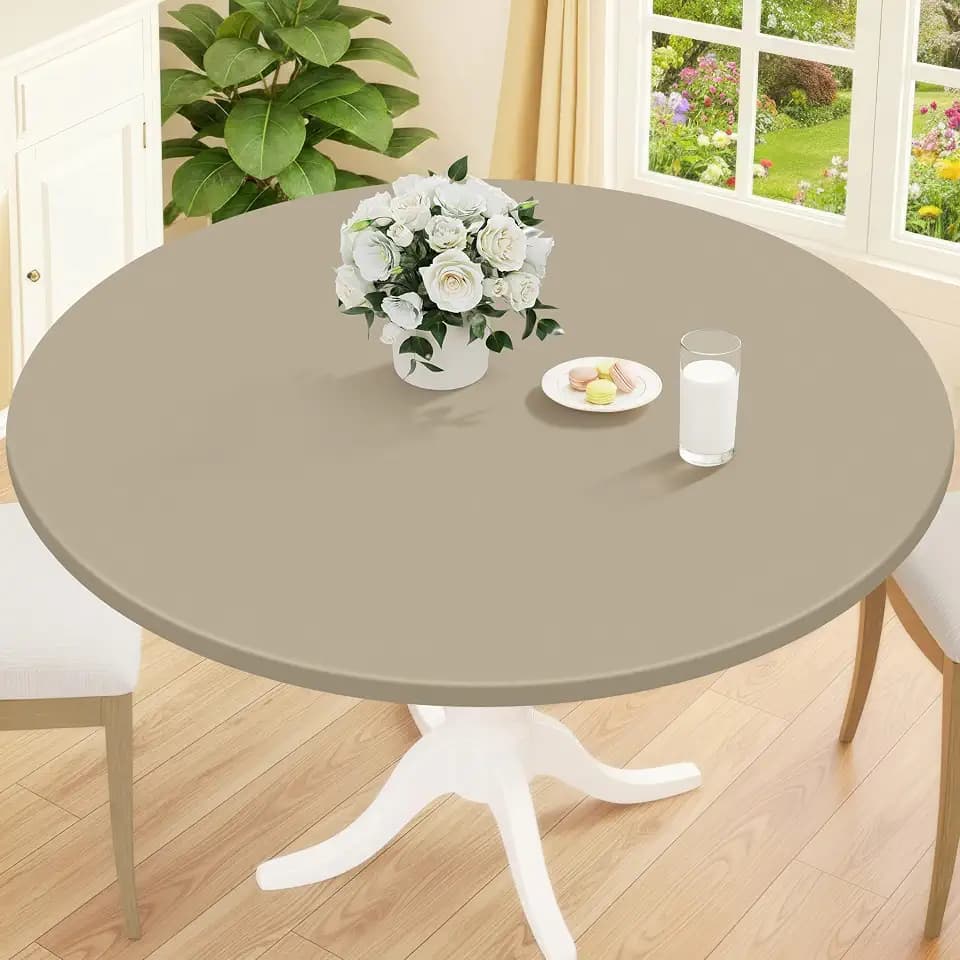 Smiry Round Picnic Tablecloth, Waterproof Elastic Fitted Table Covers for 45" - 56" Tables, Wipeable Flannel Backed Vinyl Tablecloths for Camping, Indoor, Outdoor, Taupe