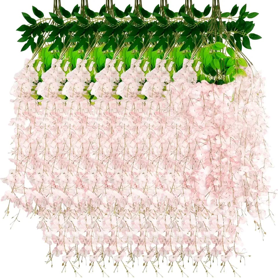 24 Pack Light Pink Wisteria Hanging Flowers Garland, 3.44 Feet Artificial Flower Vines, Fake Wisteria, Artificial Vines Hanging Garland for Backdrop Outdoor Yard Garden Decor