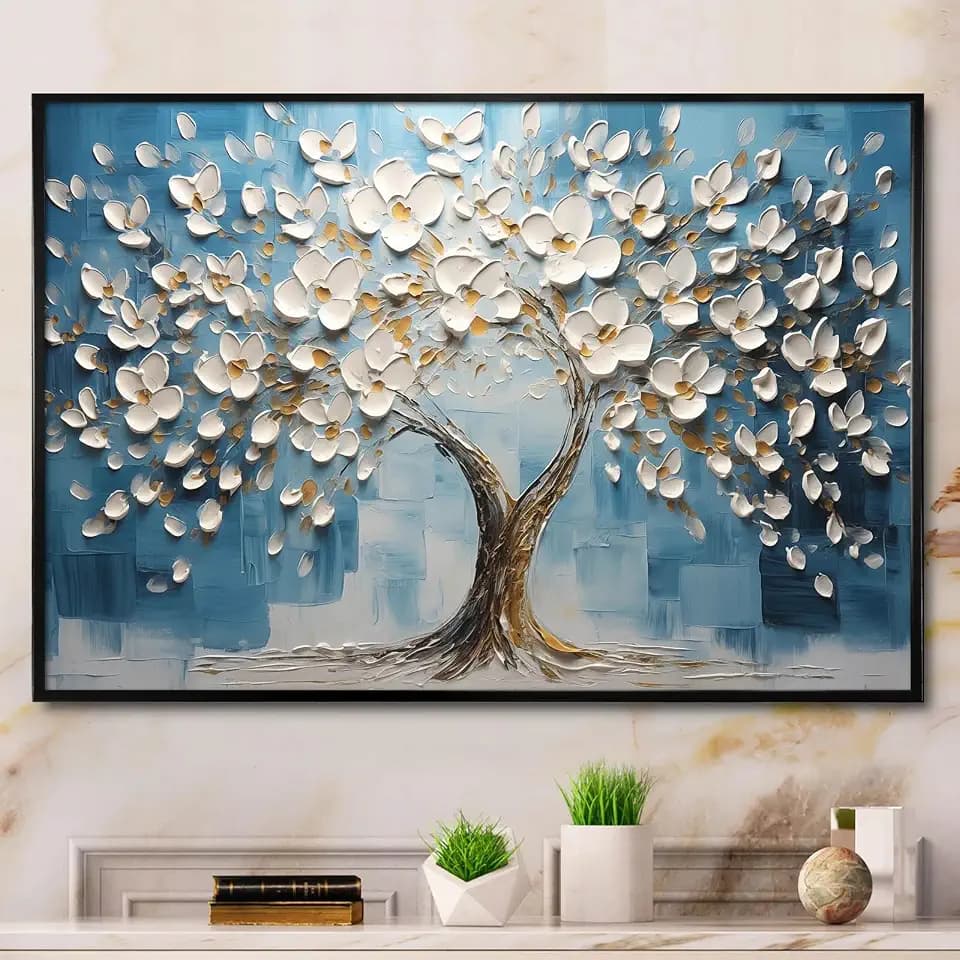 Abstract Tree of Life Wall Art Blue and White Canvas Art Abstract Flower Print Textured White Flower Art Blue White Flower Painting Blue Tree Pictures Wall Decor for Living Room 16x24inch Frameless