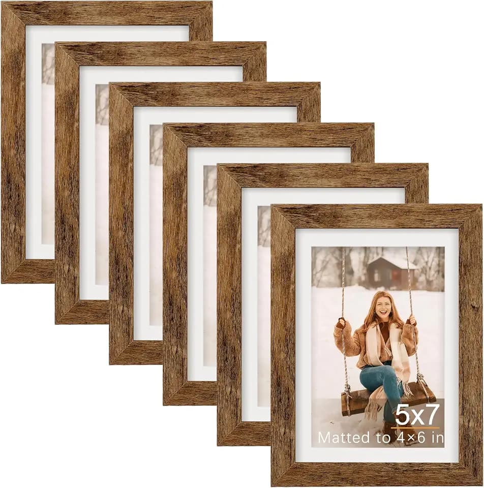 TOFOREVO 5x7 Picture Frames with 4x6 Mat Set of 6, Rustic Brown