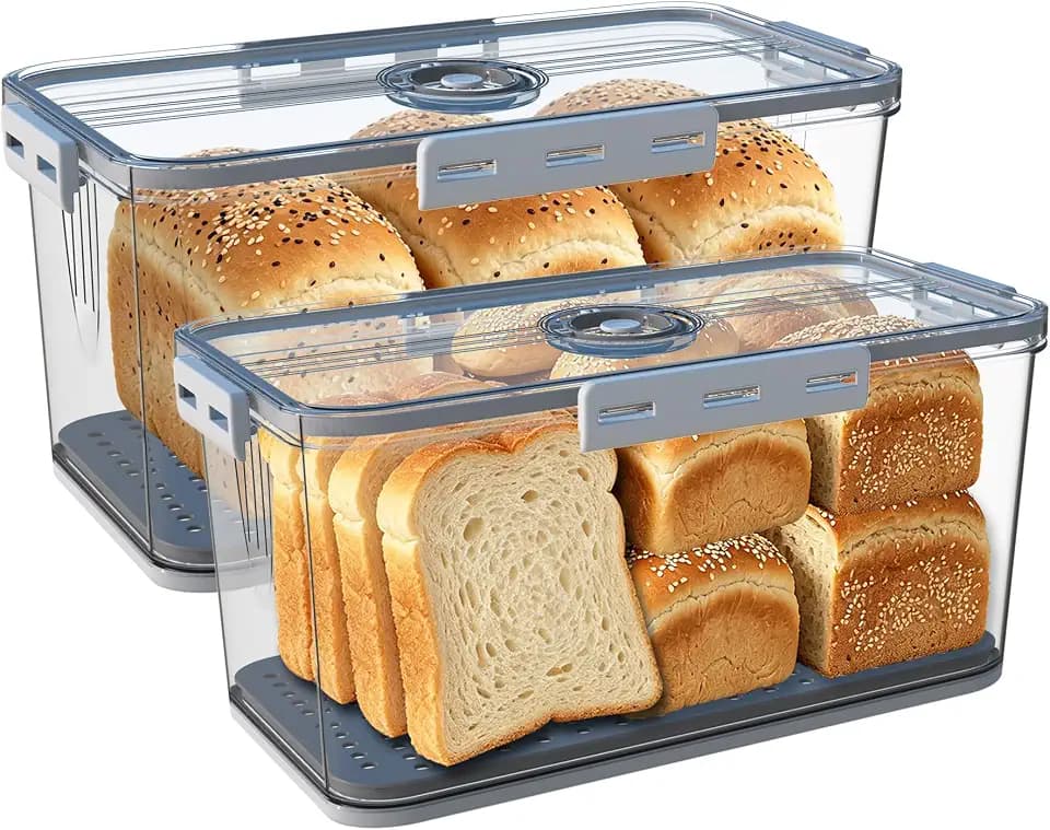 Honbuty 2PCS Bread Boxes,Bread Box for Kitchen Counter Airtight,Time Recording Bread Storage Container with Lid, Bread Keeper for Homemade Bread, Toast, Bagel, Donut and Cookies (Grey)